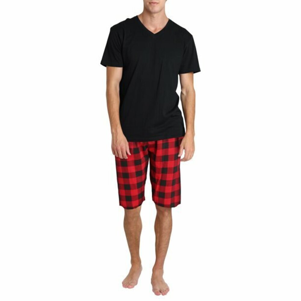 SleepHero Mens Pyjamas 2-Piece V-Neck Tee Shirt Navy And Knit Short Plaid Size M
